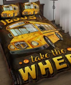 Jesus Take The Wheel School Bus Quilt Bedding Set